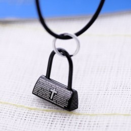 Modischer Schwarzer Schloss Mit Bibelvers Und Kreuz Titan Halskette Anhänger
