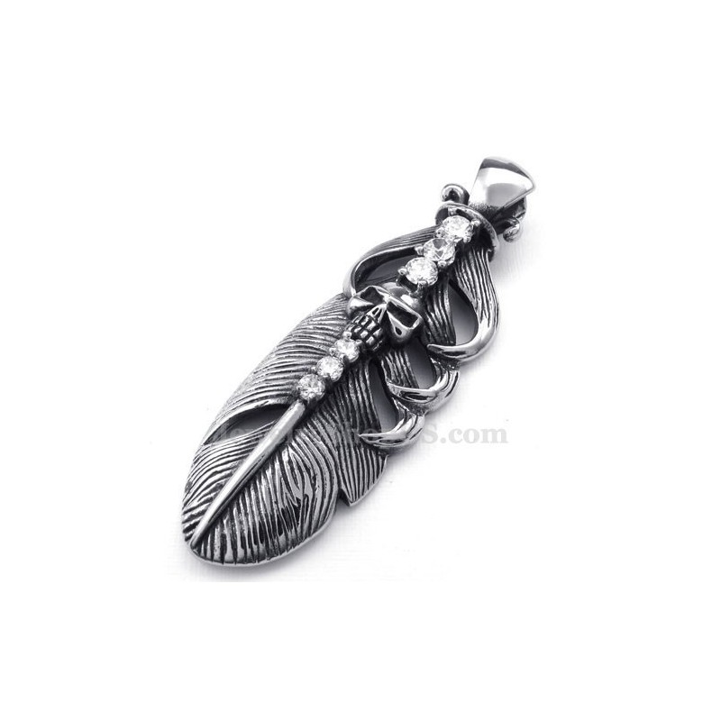 Halskette Mit Federanhänger Aus Titan, Verziert Mit Einem Totenkopf (Kostenlose Kette) Halskette Mit Federanhänger Aus Titan, Verziert Mit Einem Totenkopf (Kostenlose Kette)
