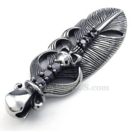 Halskette Mit Federanhänger Aus Titan, Verziert Mit Einem Totenkopf (Kostenlose Kette)