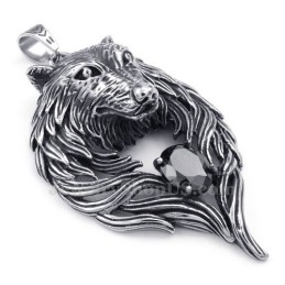Halskette Mit Wolfsanhänger Aus Titan Mit Schwarzem Zirkonia (Kostenlose Kette)