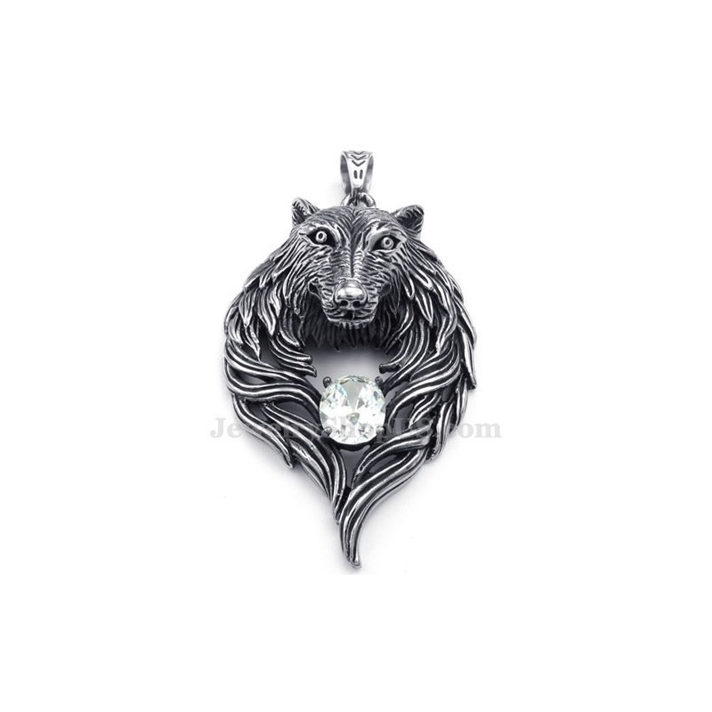 Halskette Mit Wolfsanhänger Aus Titan Mit Weißem Zirkonia (Inkl. Kette) Halskette Mit Wolfsanhänger Aus Titan Mit Weißem Zirkonia (Inkl. Kette)