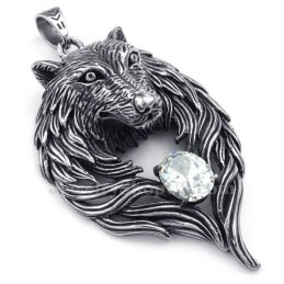 Halskette Mit Wolfsanhänger Aus Titan Mit Weißem Zirkonia (Inkl. Kette)