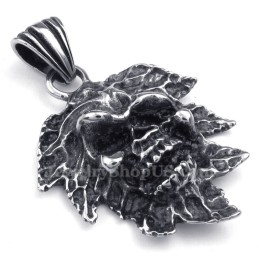 Halskette Mit Totenkopf-Anhänger Aus Titan Mit Baumblatt (Kostenlose Kette)