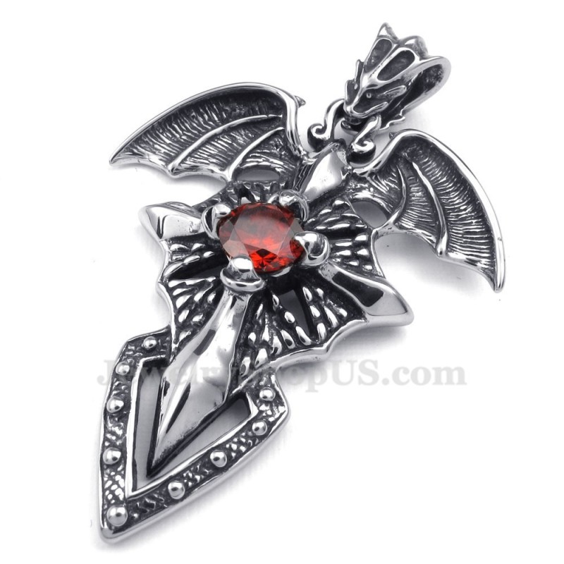 Halskette Mit Flugsaurier-Anhänger Aus Titan Mit Rotem Zirkon (Kostenlose Kette) Halskette Mit Flugsaurier-Anhänger Aus Titan Mit Rotem Zirkon (Kostenlose Kette)