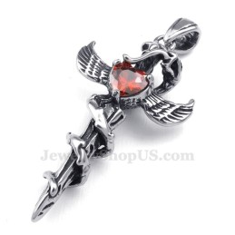 Halskette Mit Kreuzanhänger Aus Titan Mit Rotem Zirkon Und Schwertflügeln (Inklusive Kette)
