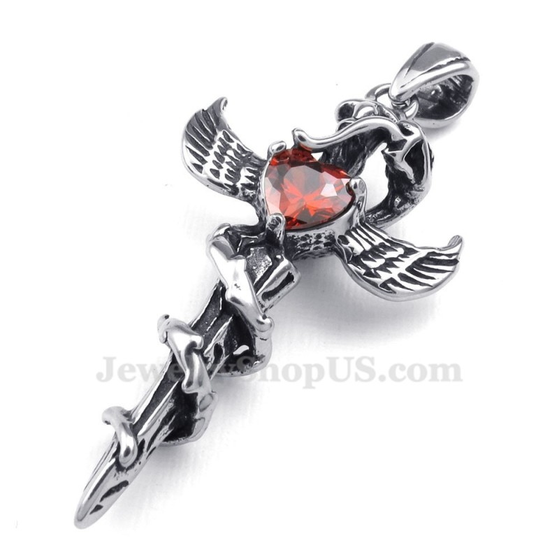 Halskette Mit Kreuzanhänger Aus Titan Mit Rotem Zirkon Und Schwertflügeln (Inklusive Kette) Halskette Mit Kreuzanhänger Aus Titan Mit Rotem Zirkon Und Schwertflügeln (Inklusive Kette)