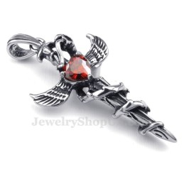 Halskette Mit Kreuzanhänger Aus Titan Mit Rotem Zirkon Und Schwertflügeln (Inklusive Kette)