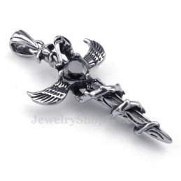 Halskette Mit Kreuzanhänger Aus Titan Mit Schwarzem Zirkon Und Schwertflügeln (Inklusive Kette)
