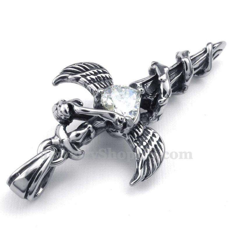 Halskette Mit Kreuzanhänger Aus Titan Mit Weißem Zirkon Und Schwertflügeln (Inklusive Kette) Halskette Mit Kreuzanhänger Aus Titan Mit Weißem Zirkon Und Schwertflügeln (Inklusive Kette)