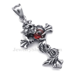 Halskette Mit Kreuzanhänger Aus Titan Mit Roten Drachenperlen (Kostenlose Kette)
