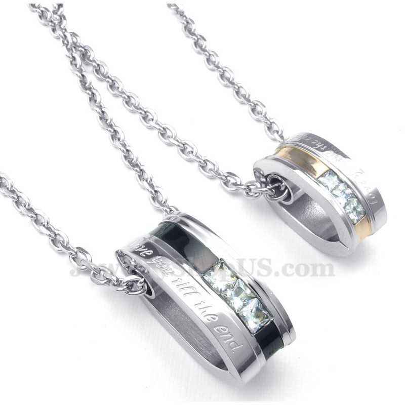 Halskette Mit Anhänger Aus Titan Mit Weißen Zirkonia-Kreisen Für Paare (Kostenlose Kette) (Ein Paar) Halskette Mit Anhänger Aus Titan Mit Weißen Zirkonia-Kreisen Für Paare (Kostenlose Kette) (Ein Paar)