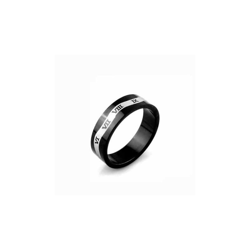 Herrenring Aus Schwarzem Titan Mit Römischen Ziffern Und Welle, 6 Mm Herrenring Aus Schwarzem Titan Mit Römischen Ziffern Und Welle, 6 Mm