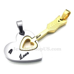 Halskette Mit Anhänger Für Paare Aus Titan Und Gold Mit Amor-Pfeil Und Herzen (Kostenlose Kette) (Ein Paar)