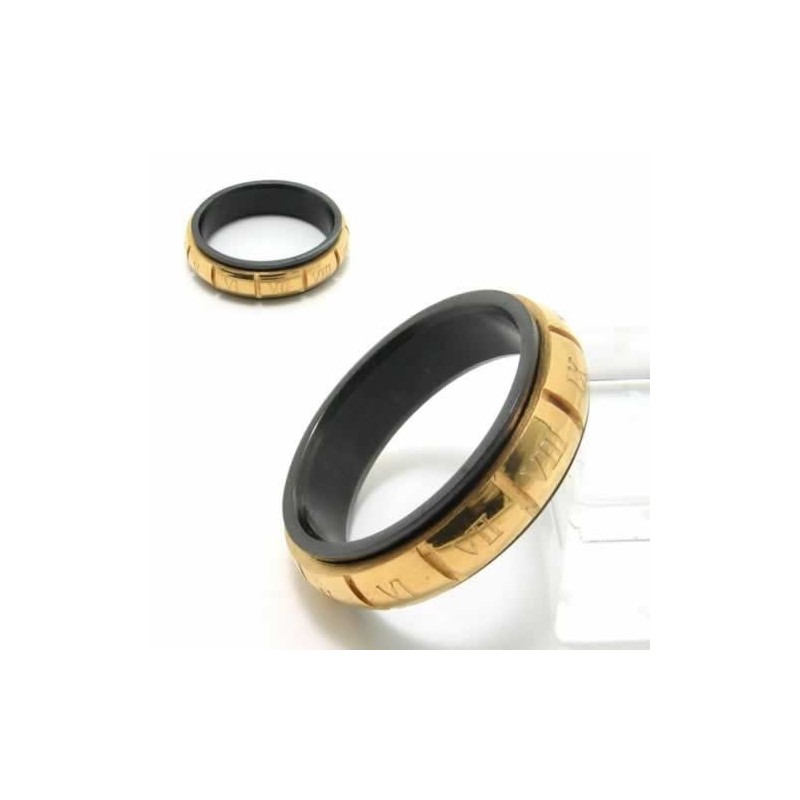 6 Mm Großer Court-Band-Ring Aus Schwarzem Titan Und Gold Mit Römischen Ziffern 6 Mm Großer Court-Band-Ring Aus Schwarzem Titan Und Gold Mit Römischen Ziffern
