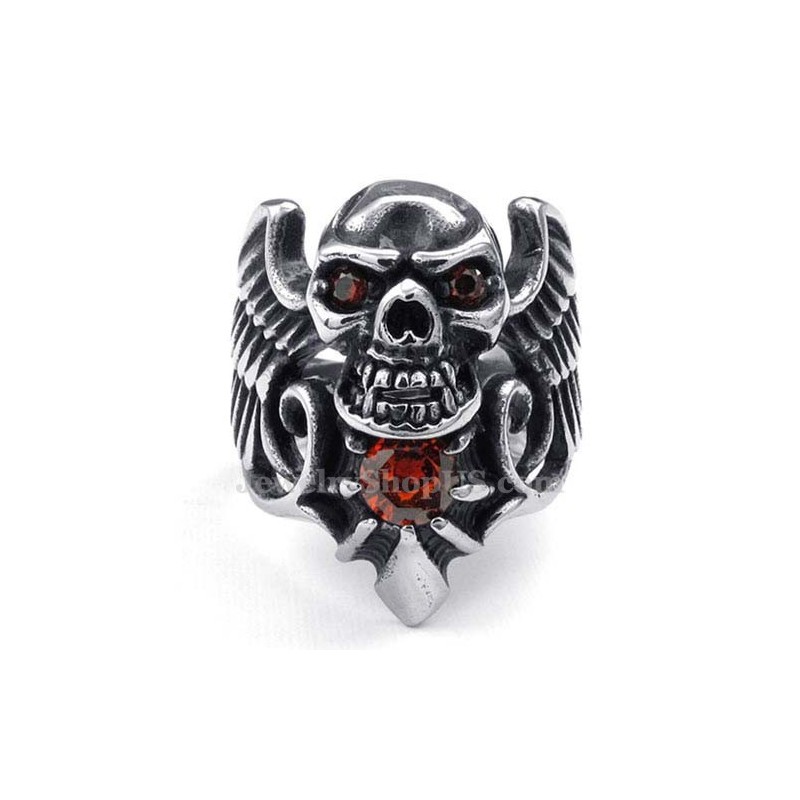 Titan-Totenkopfflügelring Mit Rotem Zirkon Titan-Totenkopfflügelring Mit Rotem Zirkon