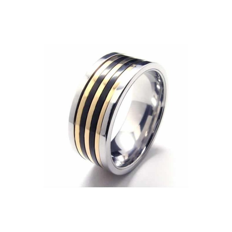 9 Mm Großer Court-Band-Ring Aus Titan Und Gold Mit Intarsien 9 Mm Großer Court-Band-Ring Aus Titan Und Gold Mit Intarsien