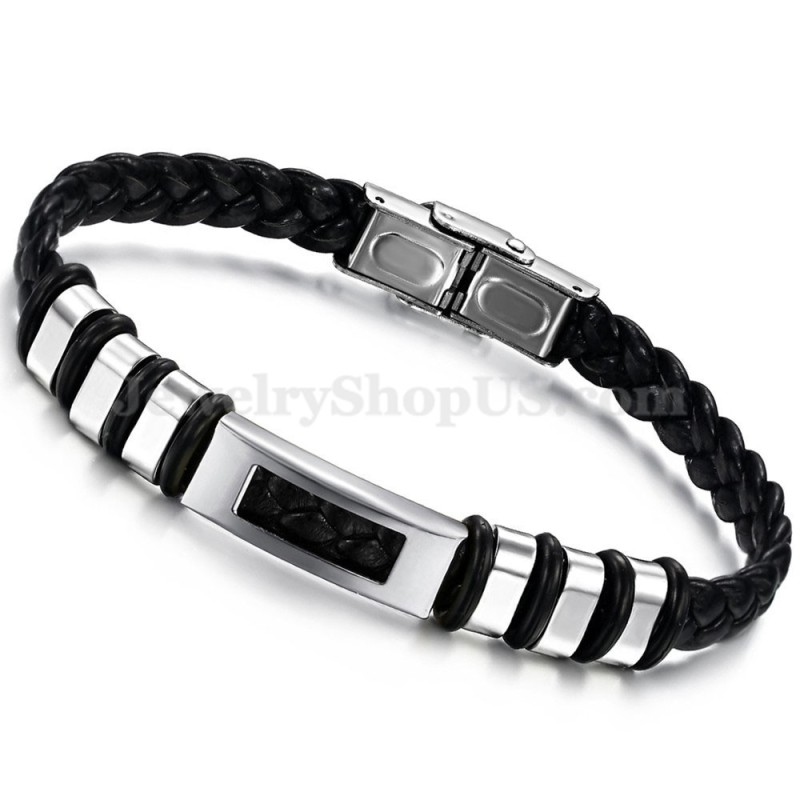 Herrenarmband Aus Silber-Schwarzem Titan Und Leder C767 Herrenarmband Aus Silber-Schwarzem Titan Und Leder C767