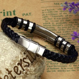 Herrenarmband Aus Silber-Schwarzem Titan Und Leder C767