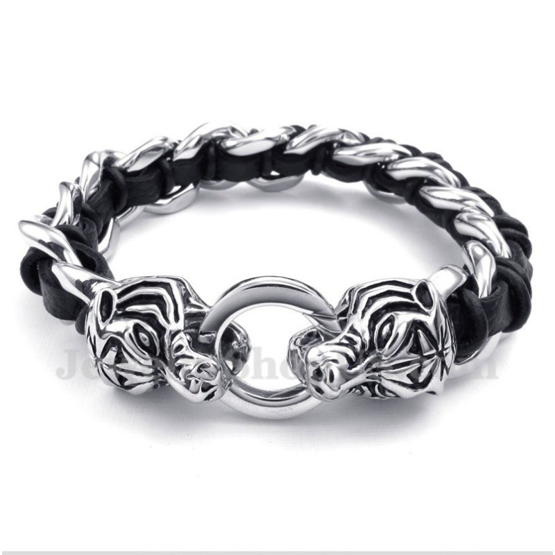 Herren-Lederarmband Mit Tigerkopf Aus Titan Herren-Lederarmband Mit Tigerkopf Aus Titan