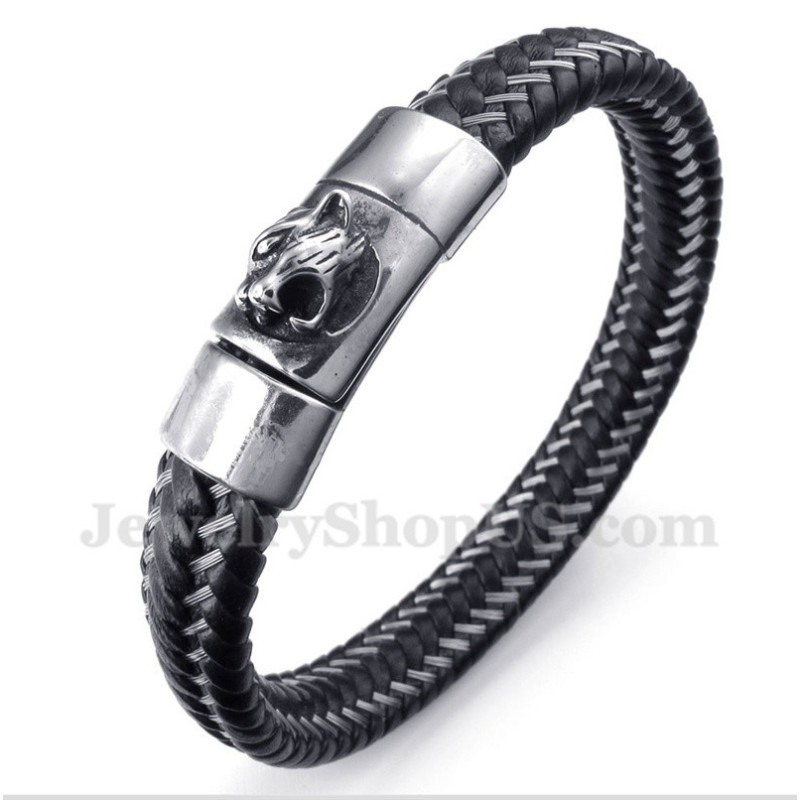 Herren-Kabelarmband Aus Titan Und Schwarzem Leder Herren-Kabelarmband Aus Titan Und Schwarzem Leder