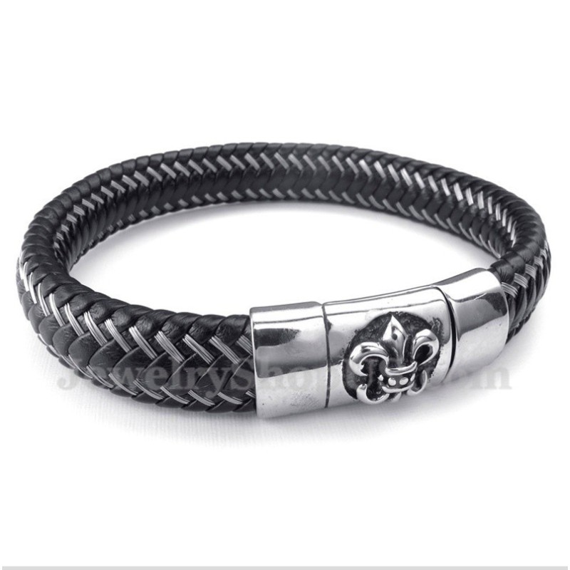 Herrenarmband Aus Titan Und Schwarzem Leder Mit Magnetkabel Herrenarmband Aus Titan Und Schwarzem Leder Mit Magnetkabel