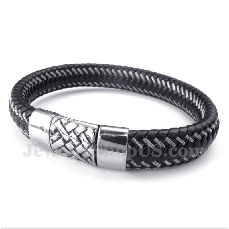 Herren-Kabelarmband Aus Titan Und Schwarzem Leder Herren-Kabelarmband Aus Titan Und Schwarzem Leder