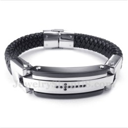 Herren Titan Schwarz Kristall Kreuz Lederarmband