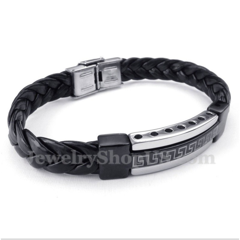Herren-Lederarmband Aus Titan Mit Griechischem Mäandermuster Herren-Lederarmband Aus Titan Mit Griechischem Mäandermuster