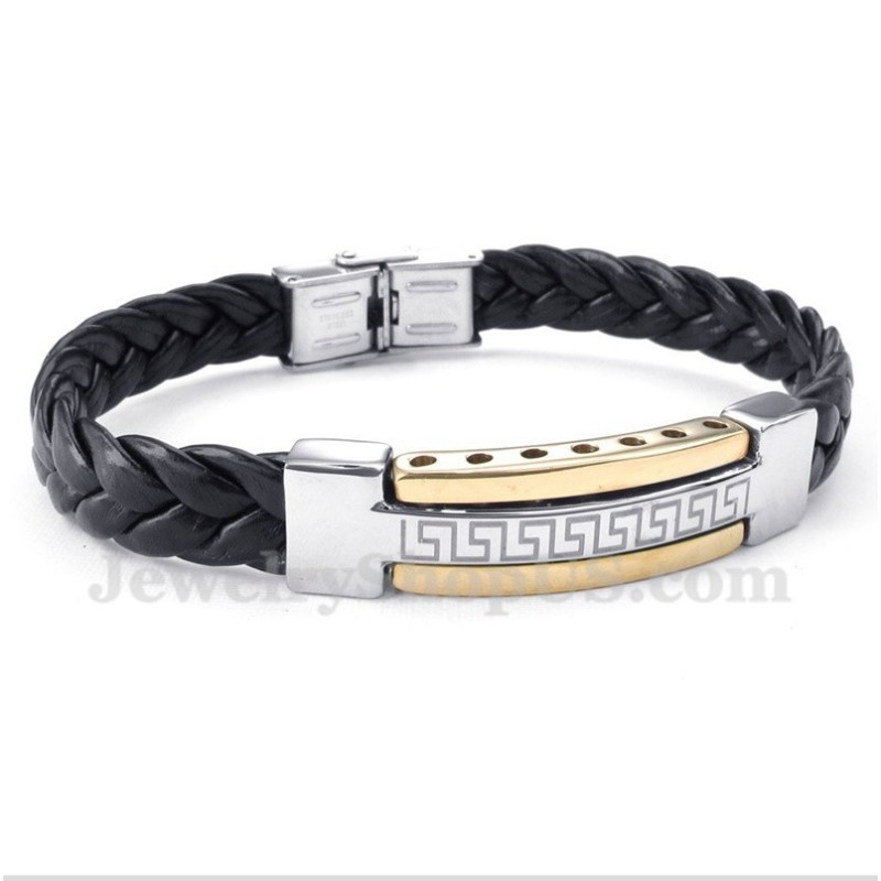 Herren Titan Griechisches Mäandermuster Gold Lederarmband Herren Titan Griechisches Mäandermuster Gold Lederarmband