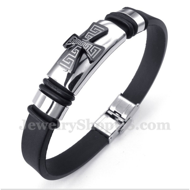 Herren-Armband Aus Titan Mit Griechischem Mäandermuster Und Kreuz Aus Gummi Herren-Armband Aus Titan Mit Griechischem Mäandermuster Und Kreuz Aus Gummi