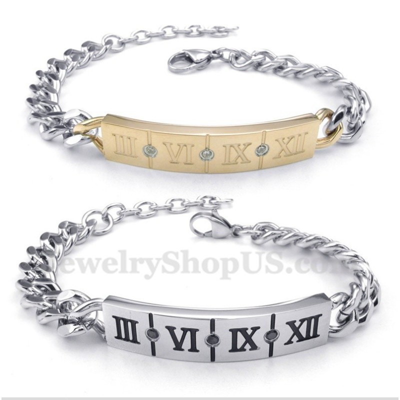 Titan-Paararmband Mit Römischen Ziffern Und Diamanten (Ein Paar) Titan-Paararmband Mit Römischen Ziffern Und Diamanten (Ein Paar)