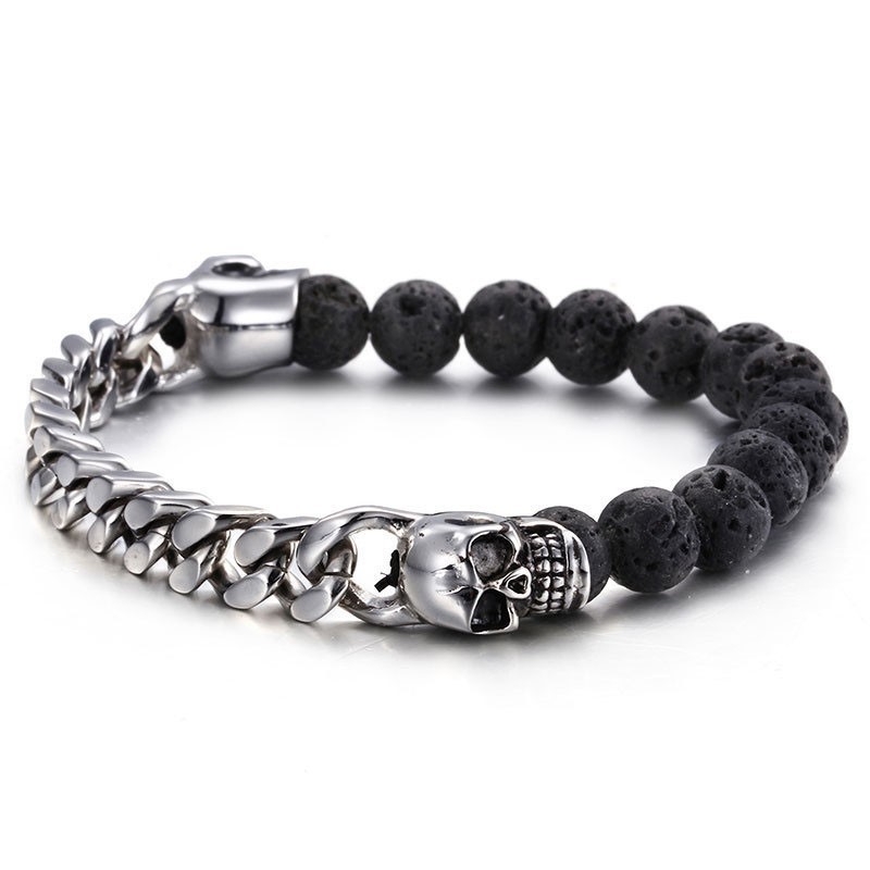 Totenkopf-Buddha-Perlen, Titan-Armband Mit Vulkansteinperlen Totenkopf-Buddha-Perlen, Titan-Armband Mit Vulkansteinperlen
