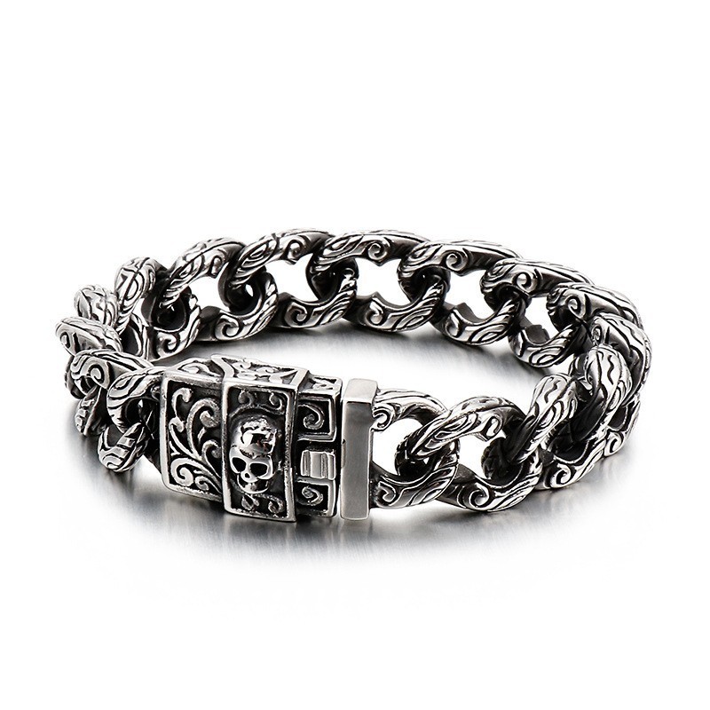 Herren-Titanarmband Mit Vintage-Schlaufen Und Floralen Totenköpfen Herren-Titanarmband Mit Vintage-Schlaufen Und Floralen Totenköpfen