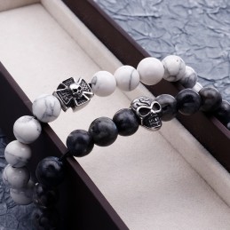 Handgemachtes Perlenarmband Stretchseil Weiß Türkis Titan Totenkopf Armband