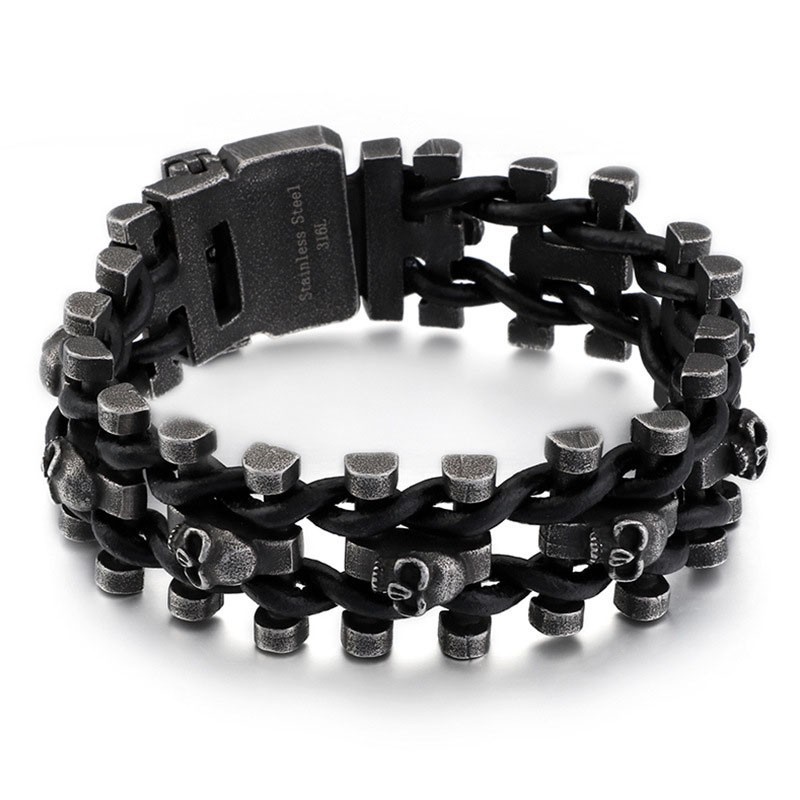 Retro Farbe Dicken Schädel Leder Seil Armband Titan Herren Biker Armband Retro Farbe Dicken Schädel Leder Seil Armband Titan Herren Biker Armband