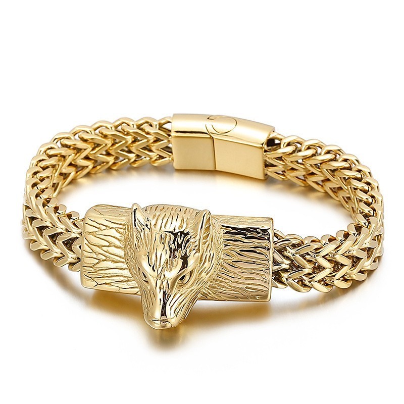 Hip Hop Wolfskopf Doppelreihiges Kielgewebtes Kettenarmband Aus Titan Für Herren Hip Hop Wolfskopf Doppelreihiges Kielgewebtes Kettenarmband Aus Titan Für Herren
