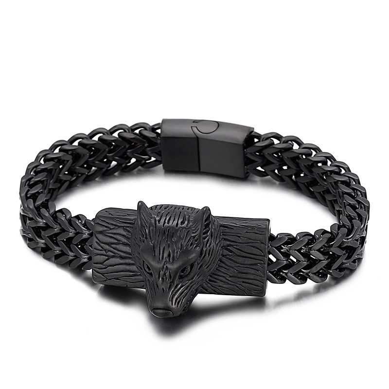 Hip Hop Wolfskopf Doppelreihiges Kielgewebtes Kettenarmband Aus Titan Für Herren Hip Hop Wolfskopf Doppelreihiges Kielgewebtes Kettenarmband Aus Titan Für Herren