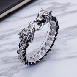 Titan-Armband Mit Doppelwolfkopf-Ringverschluss Aus Titan Für Männer