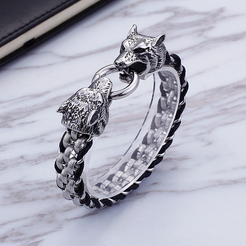 Titan-Armband Mit Doppelwolfkopf-Ringverschluss Aus Titan Für Männer Titan-Armband Mit Doppelwolfkopf-Ringverschluss Aus Titan Für Männer