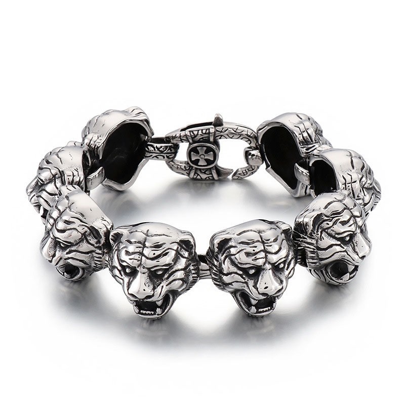 Cooles Modisches Titanarmband Mit Tigerkopf-Kreuz Und Blumenverschluss Für Männer Cooles Modisches Titanarmband Mit Tigerkopf-Kreuz Und Blumenverschluss Für Männer