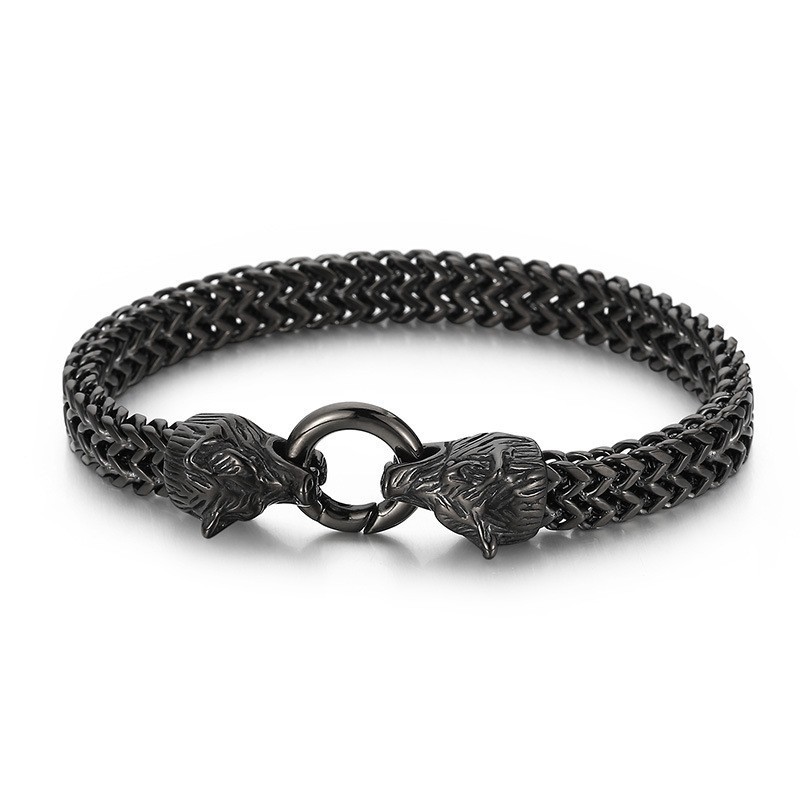 Cooles Titanarmband Im Rock-Hip-Hop-Stil Mit Doppelwolfkopf Für Männer Cooles Titanarmband Im Rock-Hip-Hop-Stil Mit Doppelwolfkopf Für Männer