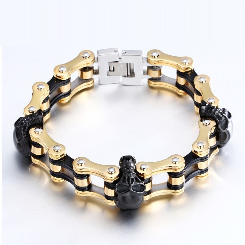Rock Hip-Hop Galvanisiertes Zweifarbiges Totenkopf-Titan-Herren-Bikerarmband Rock Hip-Hop Galvanisiertes Zweifarbiges Totenkopf-Titan-Herren-Bikerarmband