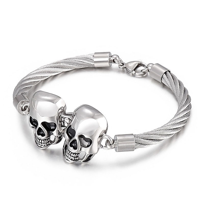 Cooles Modisches Doppelschädel-Stahldraht-Herren-Titanarmband Cooles Modisches Doppelschädel-Stahldraht-Herren-Titanarmband