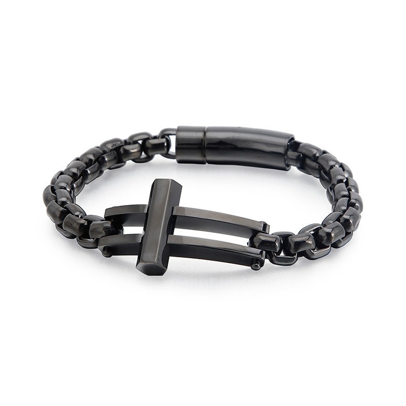 Quadratisches Schwarzes Titan-Kettenarmband Mit Kruzifix Quadratisches Schwarzes Titan-Kettenarmband Mit Kruzifix