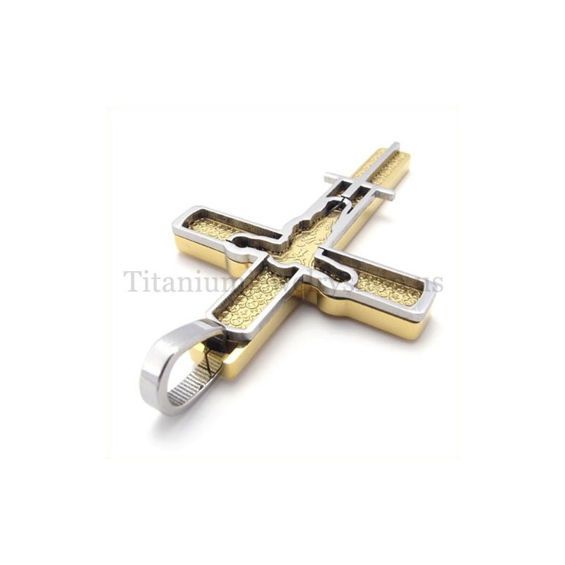 Gold Geschnitzter Titan-Kreuzanhänger Mit Jesus-Muster Gold Geschnitzter Titan-Kreuzanhänger Mit Jesus-Muster