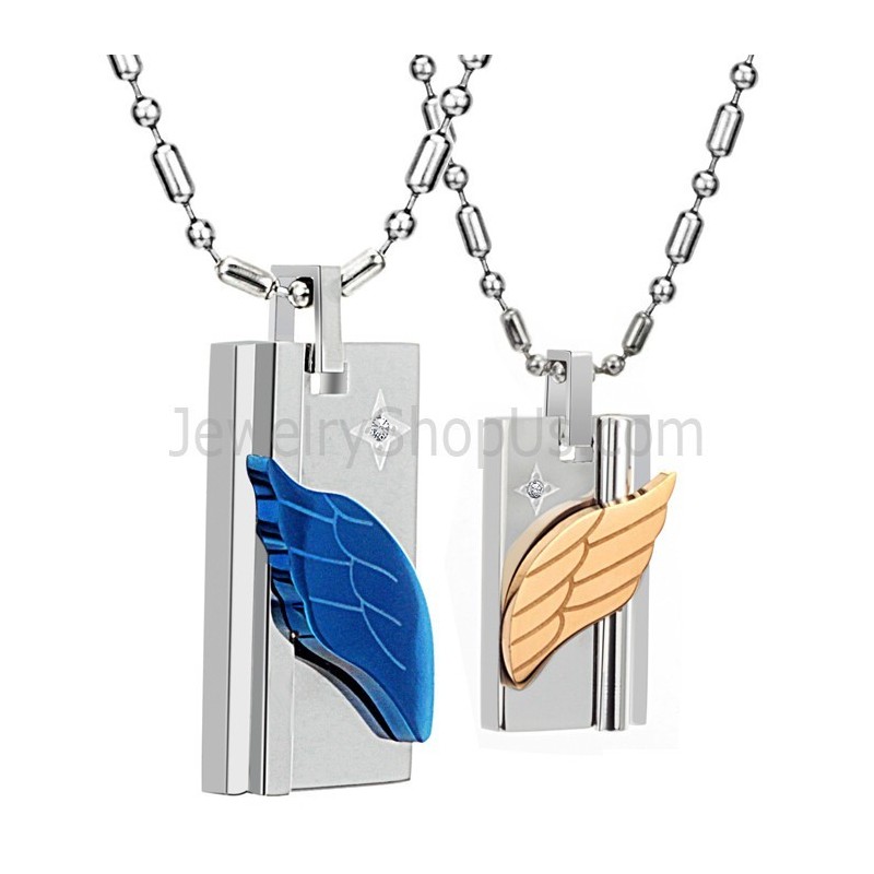 Engelsglied-Anhänger Aus Titan In Blau Und Roségold Mit Strasssteinen Und Kostenlosen Ketten C387 Engelsglied-Anhänger Aus Titan In Blau Und Roségold Mit Strasssteinen Und Kostenlosen Ketten C387