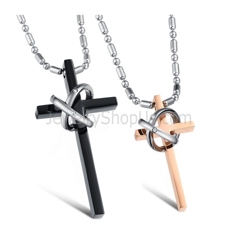 Titan-Anhänger „Kreuz“ In Roségold Und Schwarz Mit Strasssteinen Und Kostenlosen Ketten C724