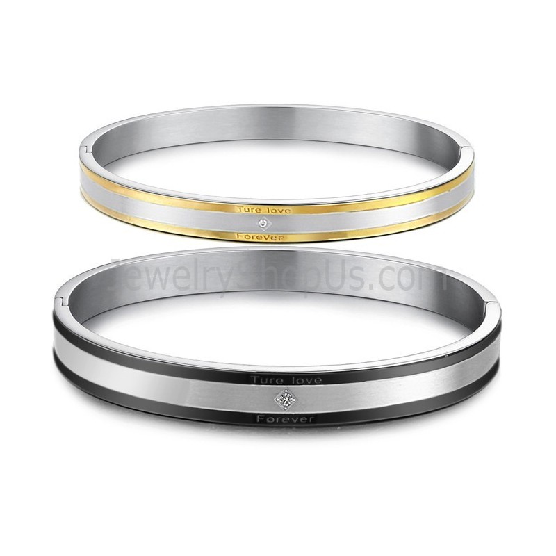 Tatanium Schwarz-Gold "True Love Forever" Paar-Armreifen Mit Strasssteinen C875 Tatanium Schwarz-Gold "True Love Forever" Paar-Armreifen Mit Strasssteinen C875