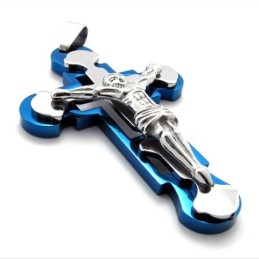 Jesus Blauer Titan Kreuz Anhänger