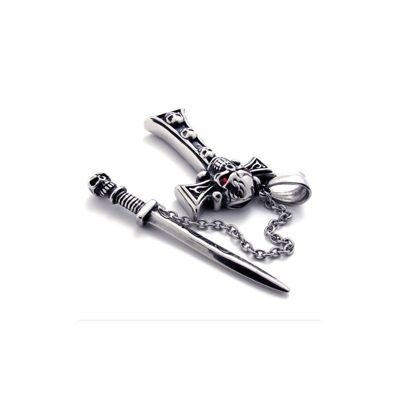 Totenkopf Mit Rotem Diamantdolch-Kreuzanhänger Aus Titan Totenkopf Mit Rotem Diamantdolch-Kreuzanhänger Aus Titan